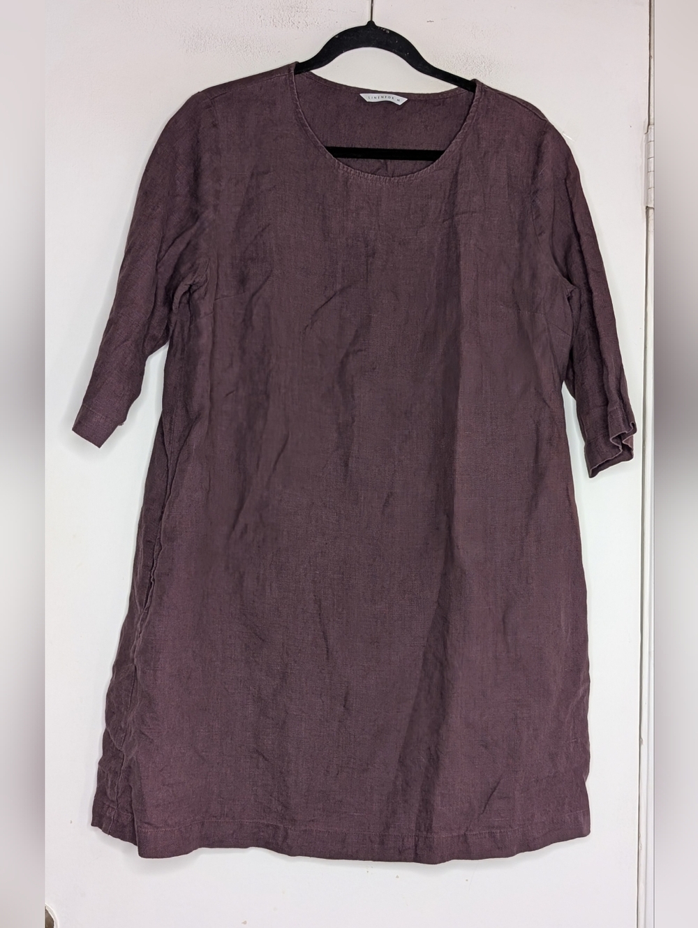 Linenfox Amalfi 3/4 sleeve loose fit scoop neck dress in eggplant size medium